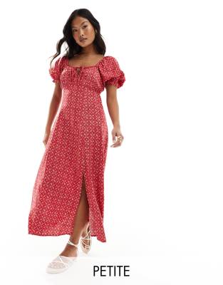 Miss Selfridge Petite - Midi-Freizeitkleid in Rot mit geschnürter Vorderseite und gepunktetem Paisleymuster