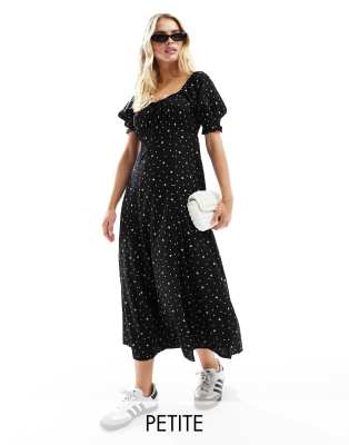 Miss Selfridge Petite - Midi-Freizeitkleid in Schwarz mit Polka-dots mit Bindedetail vorn