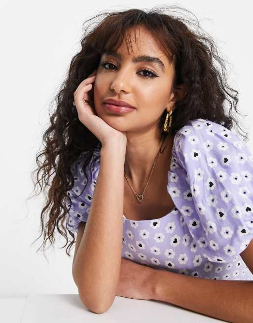 Miss Selfridge Petite - Midikjole med pufærmer i blomstret hjerteprint, 3 af 4