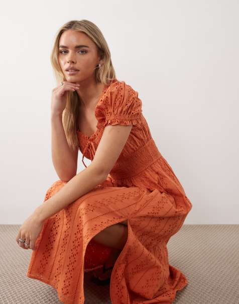 Miss Selfridge Petite – Milchmädchen-Maxikleid in gebranntem Orange mit Lochstickerei - view 1