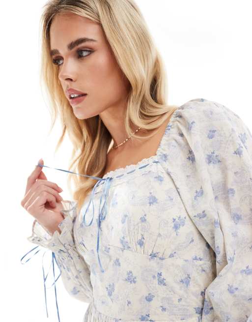 blue dress barn wedding cost Blue Ditsy Floral Print Smock V Neck Round Hem Side Slit Midi Dress – SSYS main image 0
