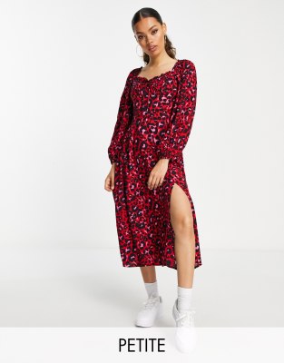 Miss Selfridge Petite Milkmaid Tie Front Midi Dress In Red Animal-multi