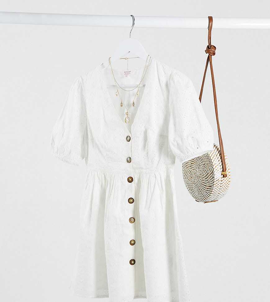 Miss Selfridge Petite - Mini-jurk met broderie in ivoorkleurig-Wit