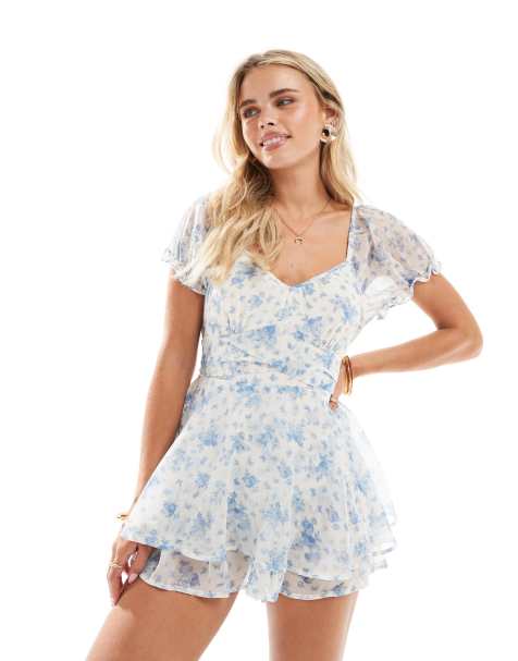 Miss Selfridge Petite - Mini-playsuit med blåt blomsterprint i chiffon - view 1