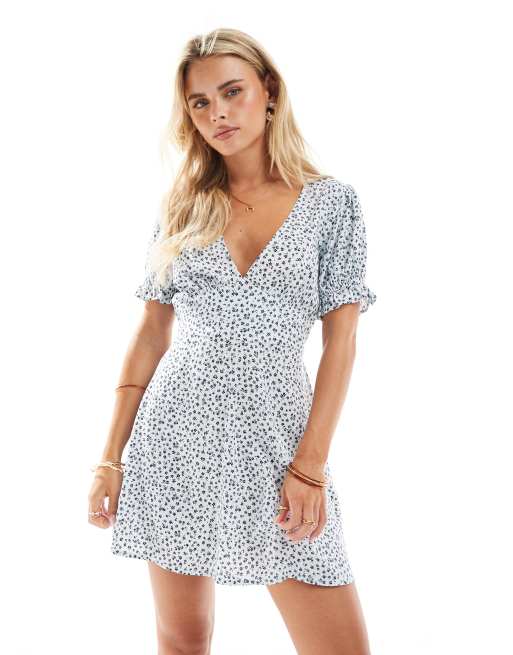 Miss Selfridge Petite mini spun tea dress in light blue ditsy, 2 of 4
