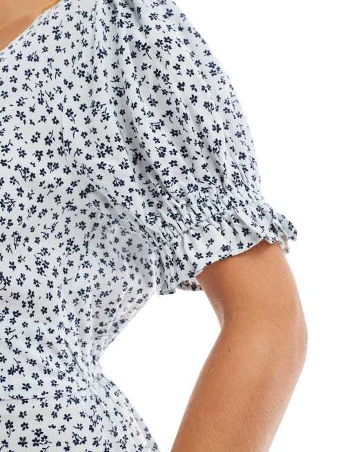 Miss Selfridge Petite mini spun tea dress in light blue ditsy, 3 of 4