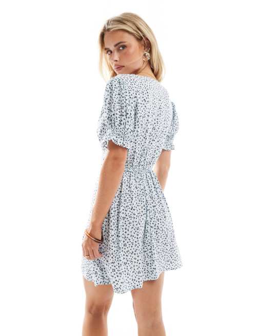 Miss Selfridge Petite mini spun tea dress in light blue ditsy, 4 of 4