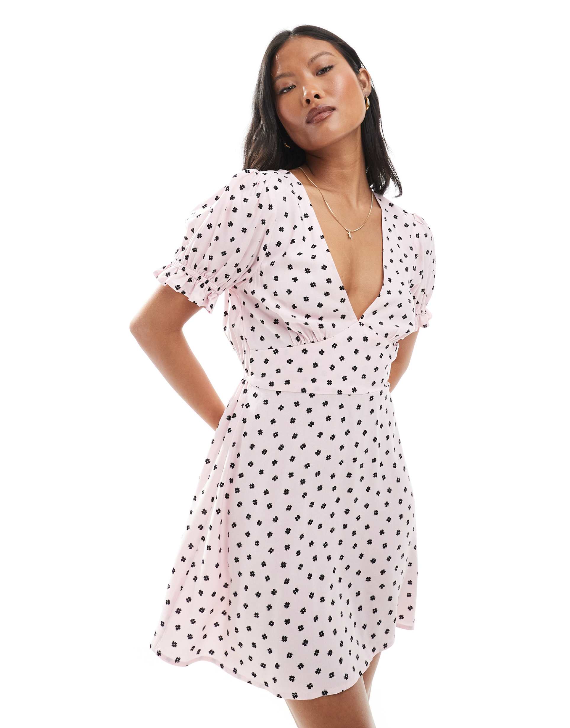miss selfridge petite mini tea dress in spun in pink polka dot print