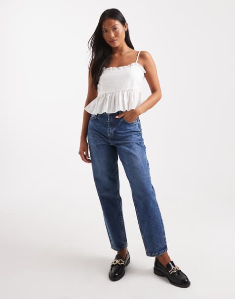 Miss Selfridge Petite - Mom jeans in blauw met wassing - view 1