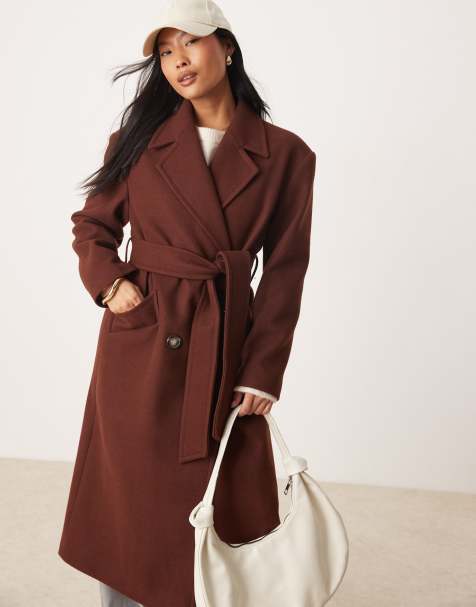 Miss Selfridge Petite - Nette jas met overslag en riem in chocoladebruin - view 1