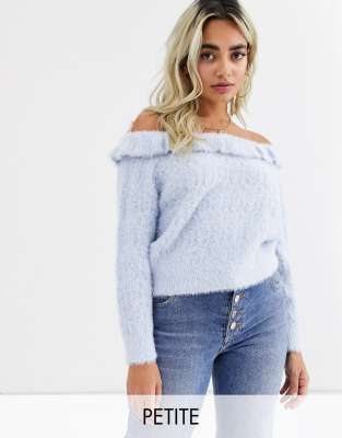 White fluffy off the shoulder outlet jumper