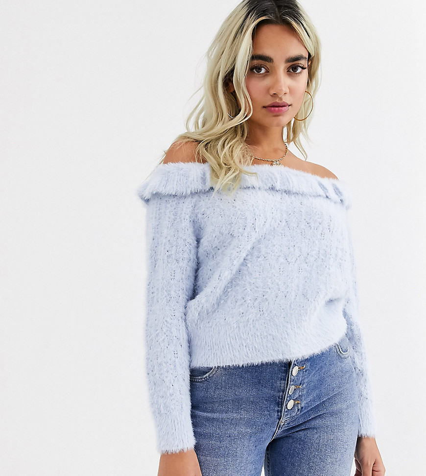 Miss Selfridge Petite off the shoulder sweater with frills in light blue-Gray