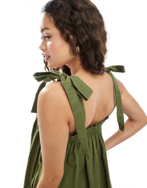 Miss Selfridge Petite - Olivengrøn smock-maxikjole med tynde stropper i poplin, 2 af 4