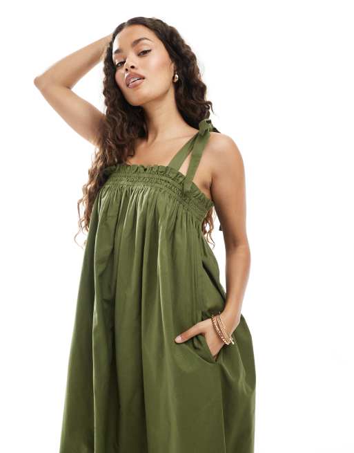 Miss Selfridge Petite - Olivengrøn smock-maxikjole med tynde stropper i poplin, 3 af 4