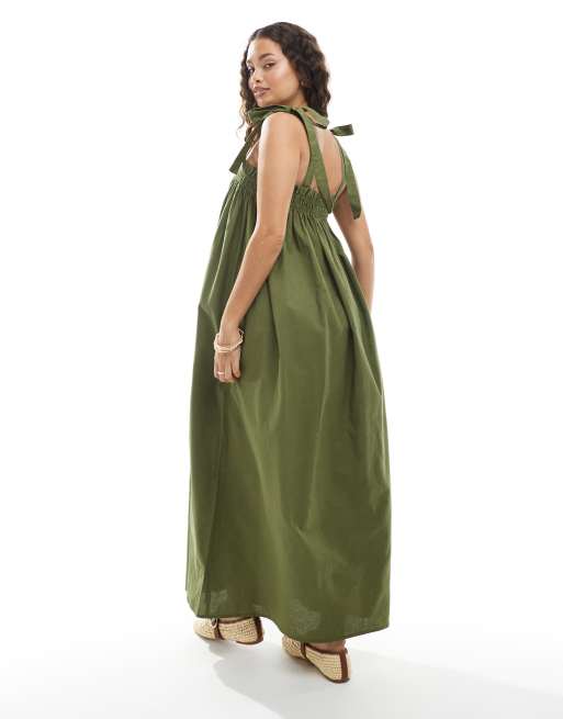 Miss Selfridge Petite - Olivengrøn smock-maxikjole med tynde stropper i poplin, 4 af 4