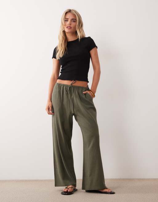 Miss Selfridge Petite - Olivengrønne pull-on-bukser i hørlook, 2 af 5