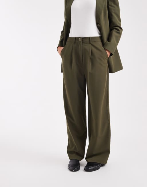 Miss Selfridge Petite – Olivgröna, figursydda byxor med vida ben, 3 av 5