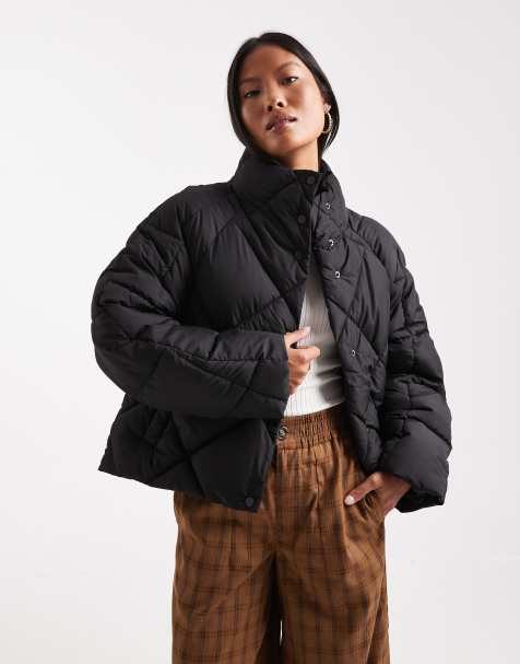 Miss Selfridge Petite oversized quilted funnel neck crop puffer jacket in black - view 1