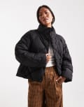[Miss Selfridge Petite] Miss Selfridge Petite oversized quilted funnel neck crop puffer jacket in black 16-18 BLACK