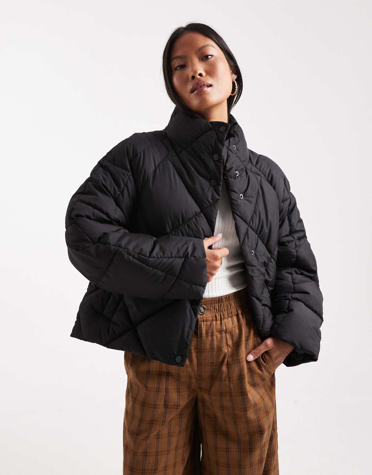 Miss Selfridge Petite oversized quilted funnel neck crop puffer jacket in black