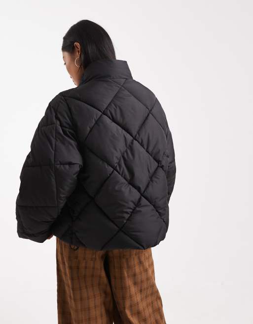 Miss Selfridge Petite oversized quilted funnel neck cropped puffer jacket in black
