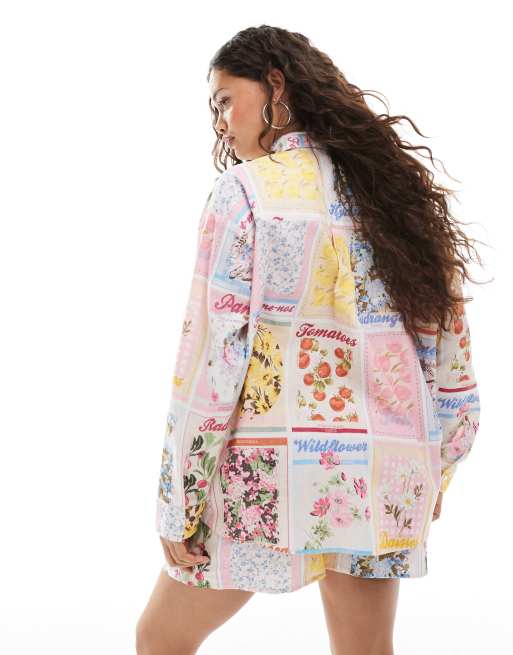Miss Selfridge Petite oversized shirt in postcard print