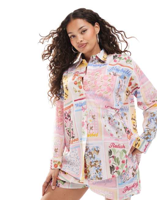 Miss Selfridge Petite oversized shirt in postcard print