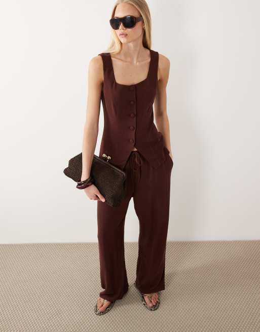 Miss Selfridge Petite - Pantalon à enfiler aspect lin - Chocolat, 4 de 5