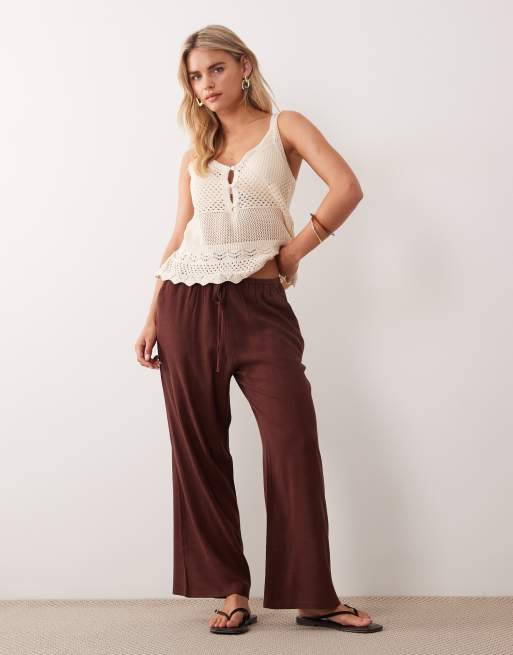 Miss Selfridge Petite - Pantalon à enfiler aspect lin - Chocolat, 3 de 5