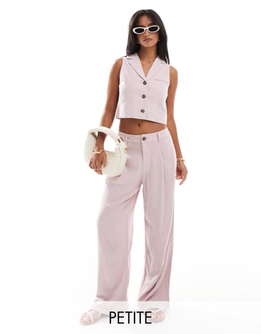 Miss Selfridge Petite - Pantaloni sartoriali con fondo ampio in misto lino rosa polvere