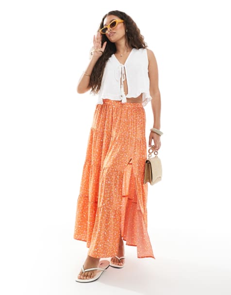 Miss Selfridge petite Side Split tiered maxi skirt in  orange ditsy