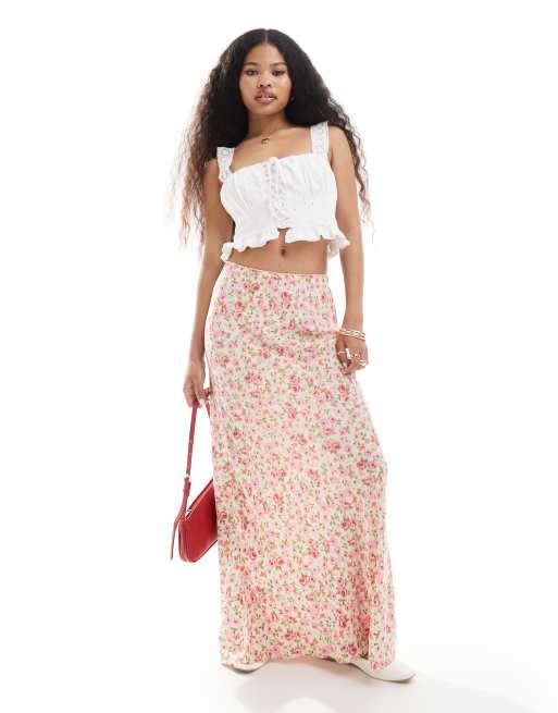 Miss Selfridge Petite picot trim bias maxi skirt in pink floral ASOS