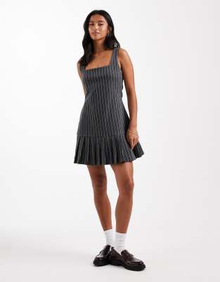 Miss Selfridge Petite Pinstripe Pinny Dress With Drop Waist Pleated Hem-gray