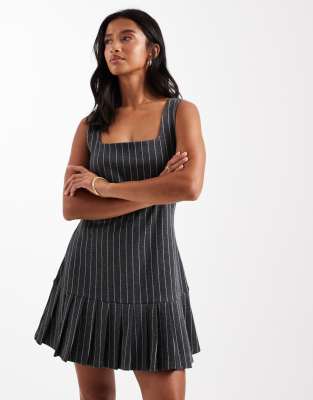 Miss Selfridge Petite Pinstripe Pinny Dress With Drop Waist Pleated Hem-gray In Gray
