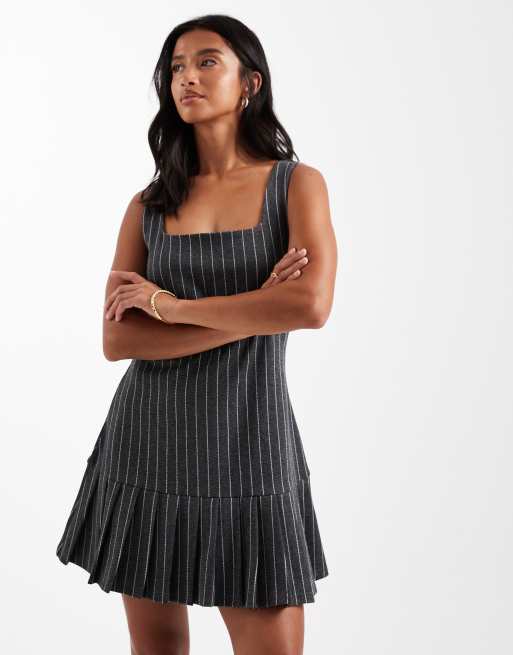 open lace back dress Mixed Media Khaki Blue Stripe Pleated Mini Dress