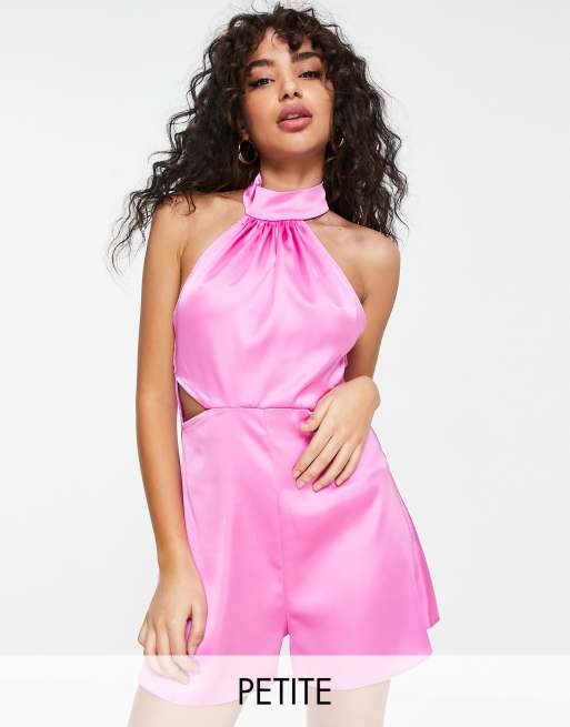 Miss Selfridge Petite - Playsuit van satijn met halternek en uitsnijdingen in felroze 