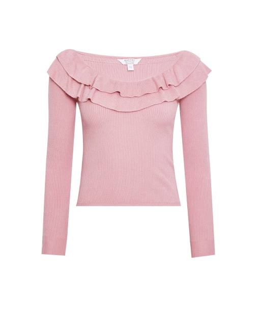 Miss Selfridge Petite pointelle bardot jumper in pale pink, 4 of 4