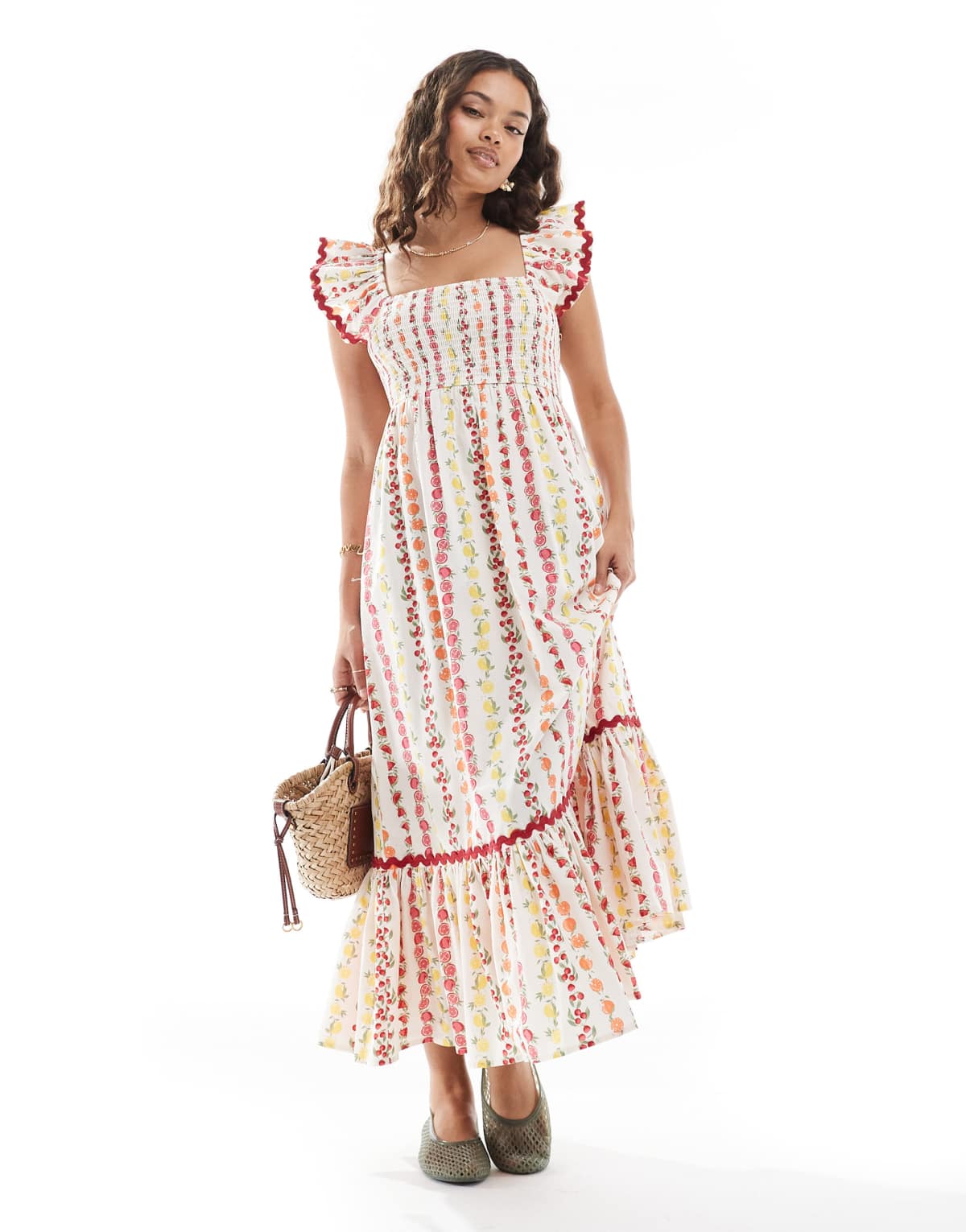 Miss Selfridge Petite poplin maxi dress in fruit print