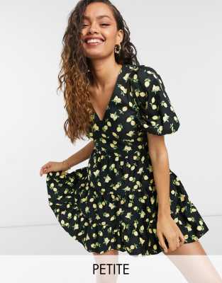 Miss Selfridge Petite poplin mini dress in black & yellow print-Blues