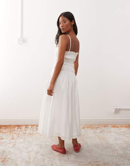 Miss Selfridge Petite poplin shirred body button through maxi dress in white, 4 of 4