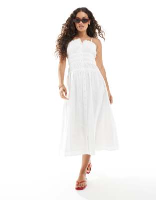 poplin shirred body button up maxi dress in white