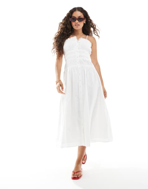 Miss Selfridge Petite poplin shirred body button up maxi dress in white - view 1