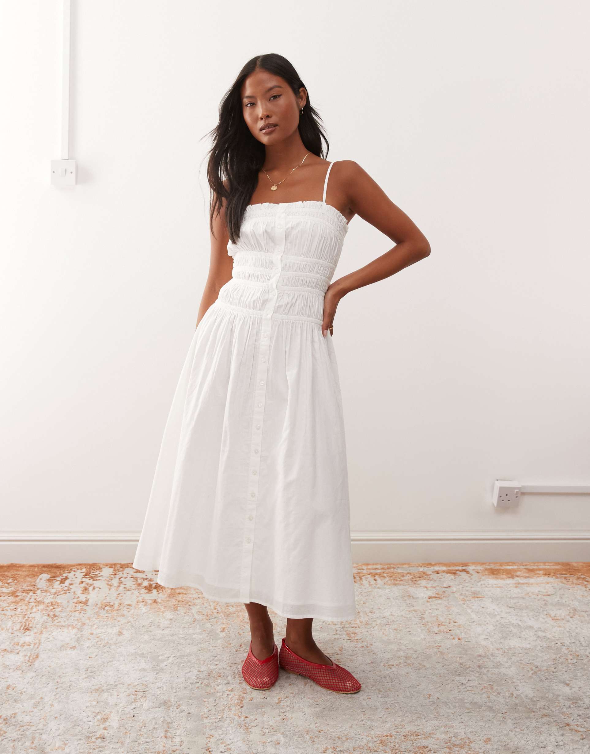 miss selfridge petite poplin shirred body button up maxi dress in white