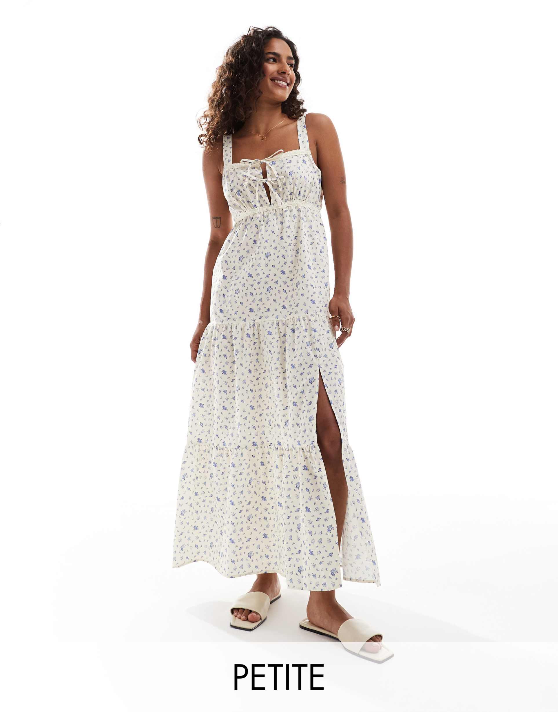 miss selfridge petite poplin tiered lace trim maxi dress in blue ditsy