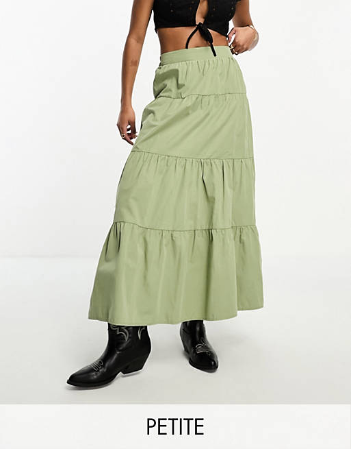 Miss Selfridge Petite poplin tiered maxi skirt in khaki | ASOS