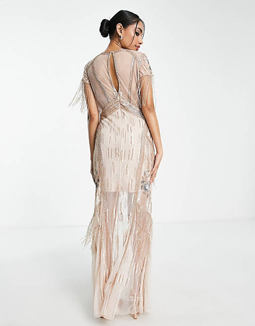 Premium plunge neck embellished maxi dress in blush Asos Women Clothing Dresses V-Neck Dresses 