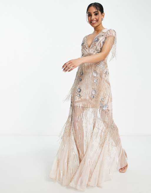 Miss Selfridge Petite – Premium – Rosa utsmyckad maxiklänning med djup halsringning, 2 av 4