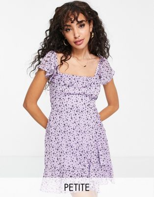Miss Selfridge Petite print ruffle chiffon mini dress in lilac floral