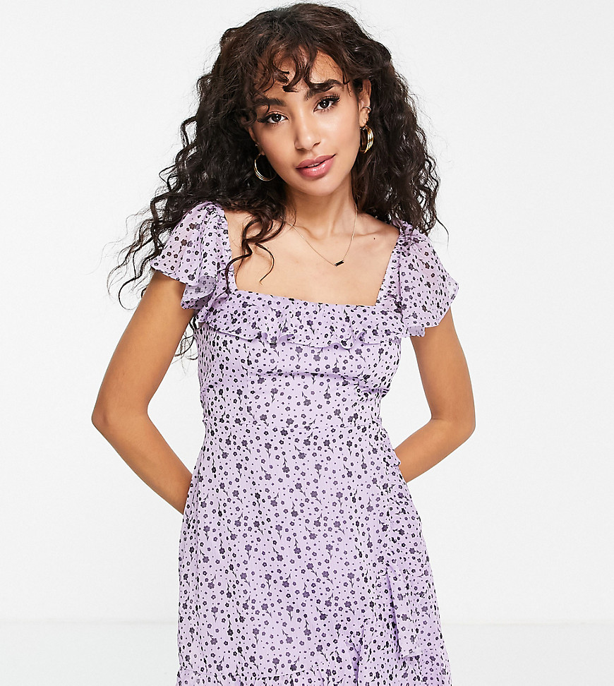 Miss Selfridge Petite print ruffle chiffon mini dress in lilac floral-Purple