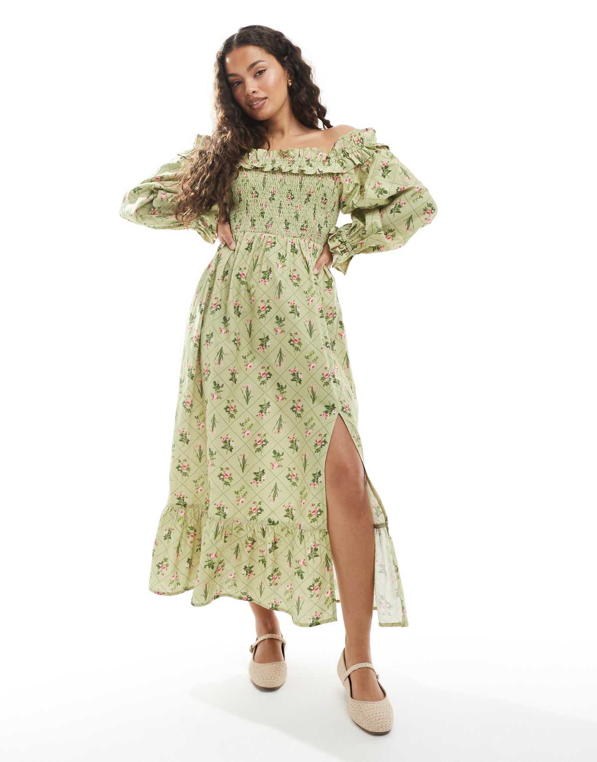 Miss Selfridge Petite printed bardot maxi dress in green floral